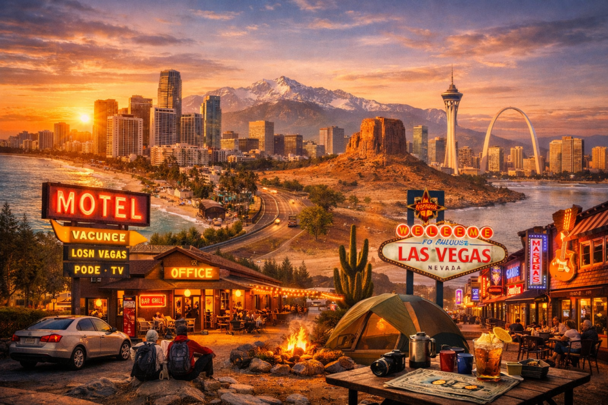 Aerial and street‑level view of Miami, Denver, Las Vegas, and Nashville at sunset