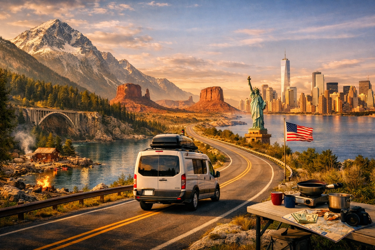 Camper van driving through diverse American landscapes from mountains to city skyline. USA budget travel guide.