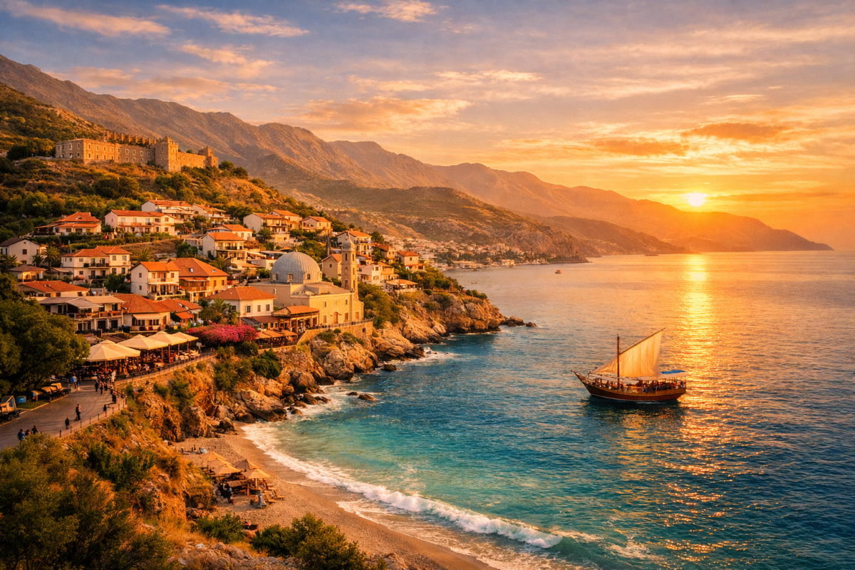 Hillside village overlooking turquoise Ionian Sea with cliffs, beach bar, and sunset mountains.