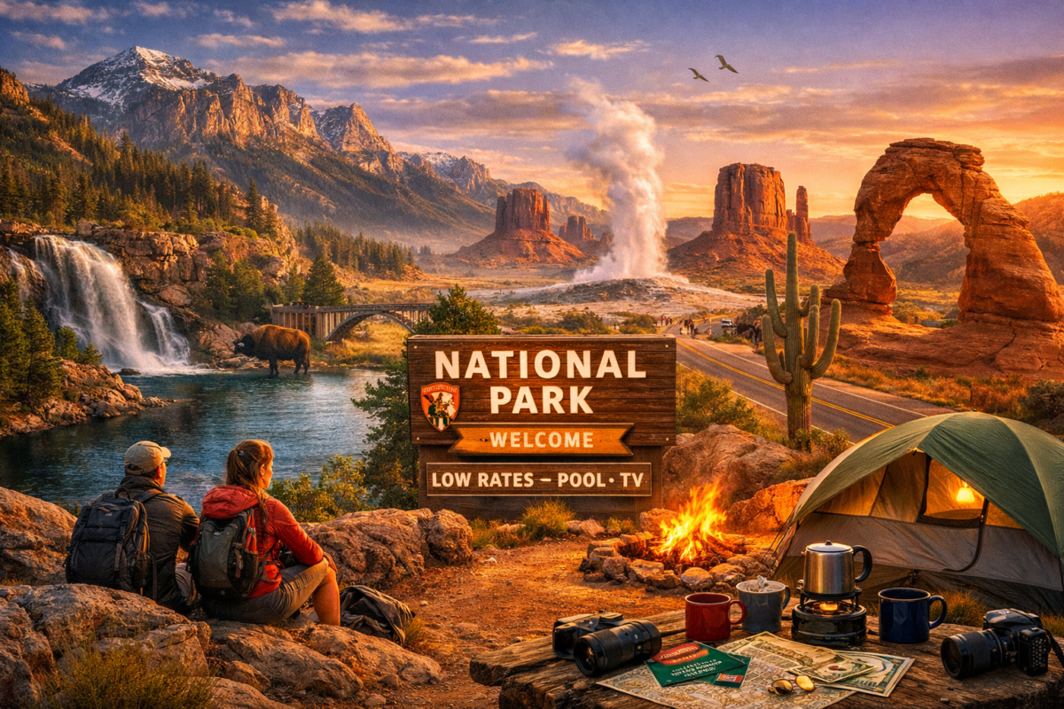 Hikers at a national park campsite with tent, campfire, and iconic U.S. landscapes. affordable USA destinations
