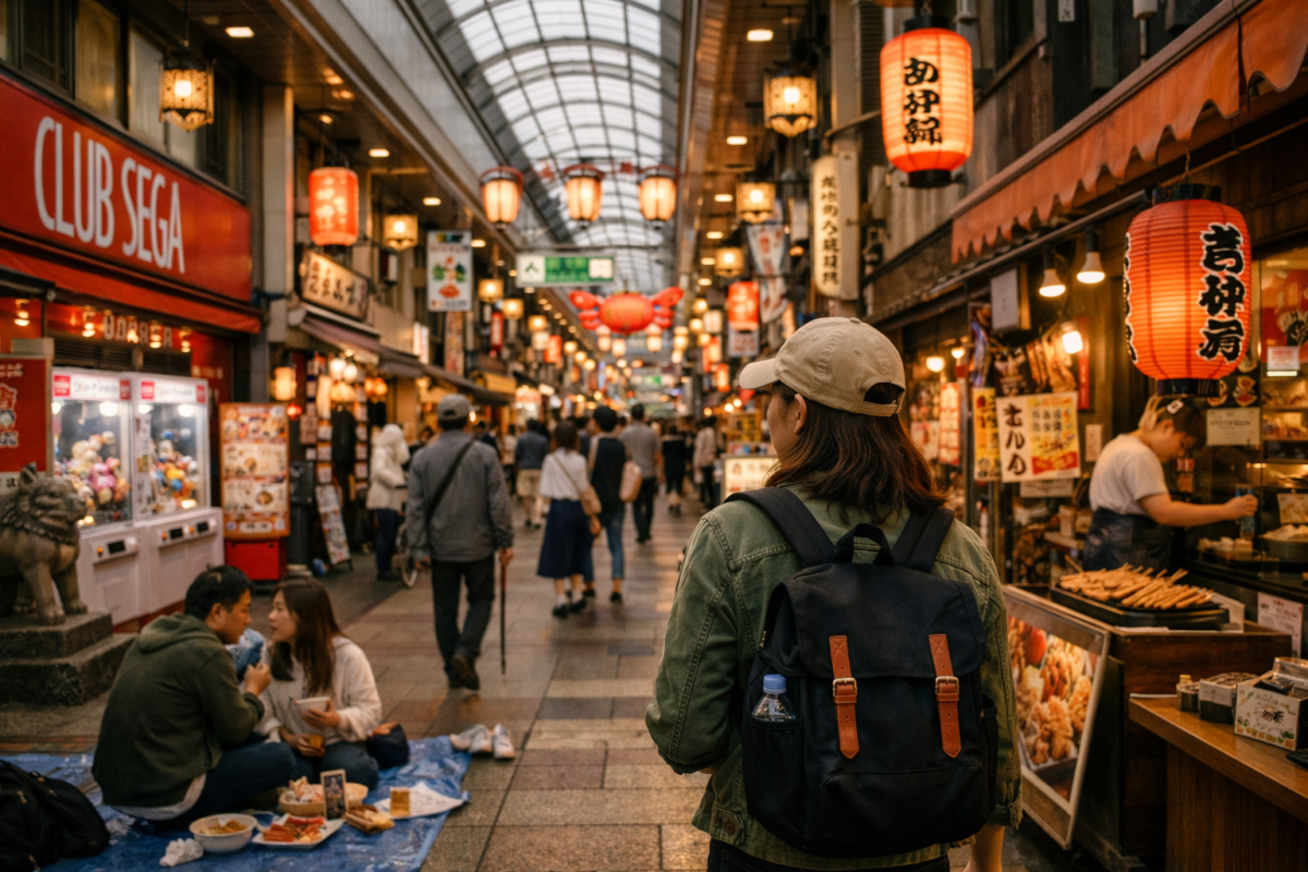 Woman walking through a lively Japanese covered shopping street lined with arcades, food stalls, and colorful lanterns.
