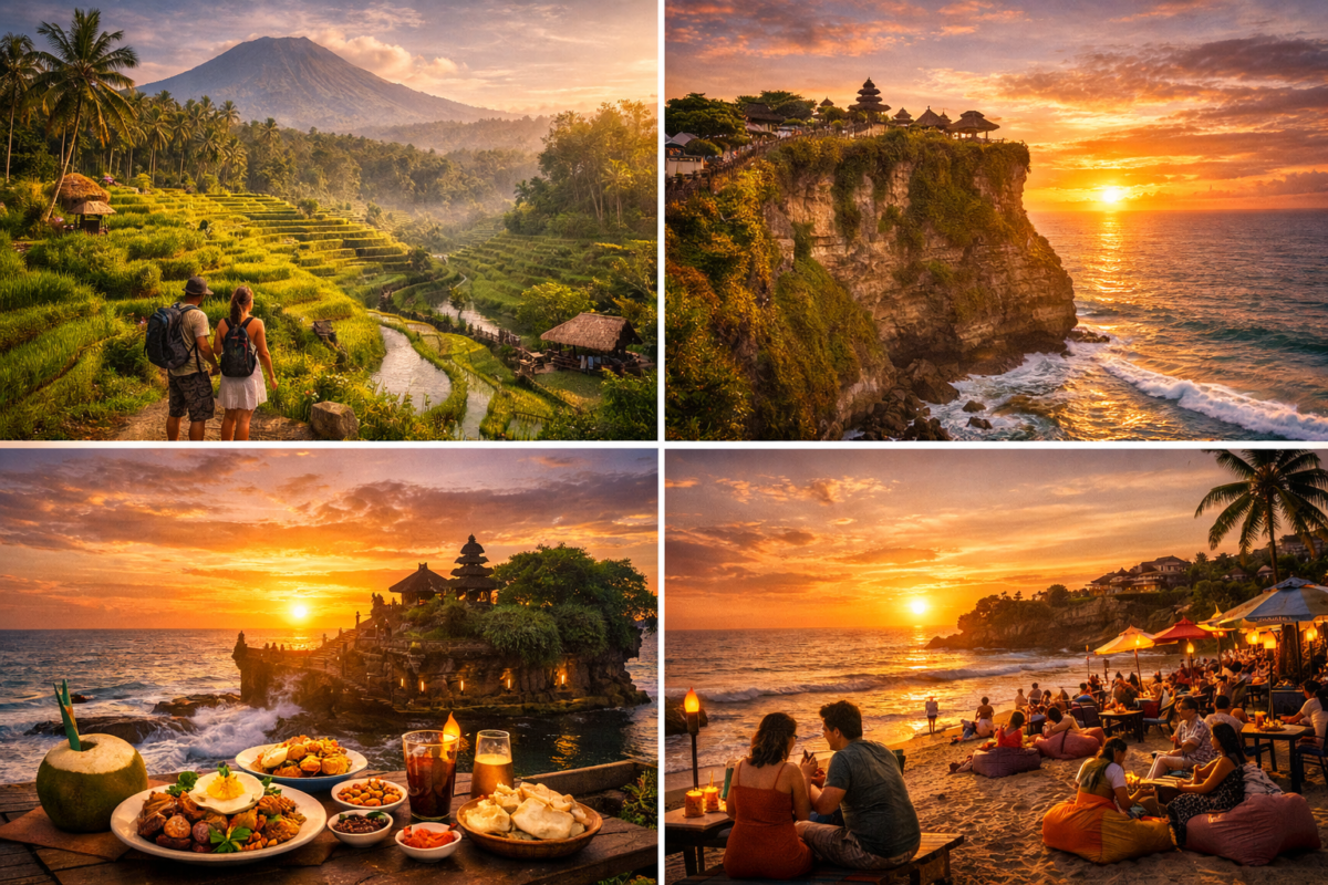 Collage of Bali’s top destinations—Ubud rice terraces, Uluwatu cliffs, Tanah Lot temple, and Seminyak beach at sunset