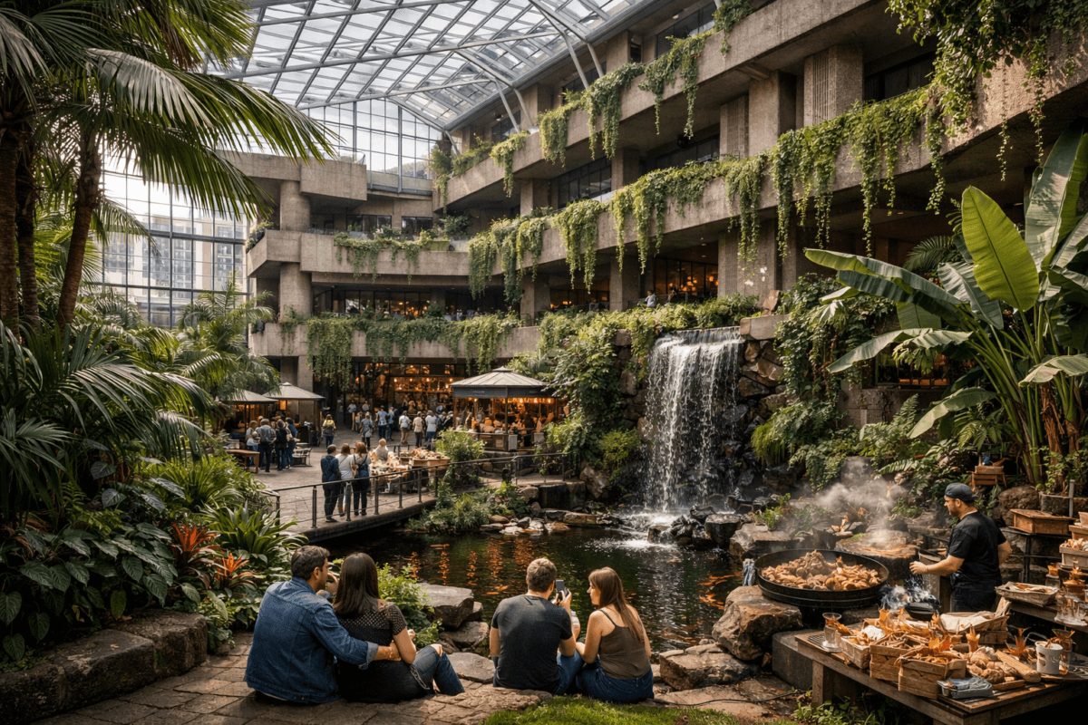 Tropical plants and koi pond inside the Barbican Conservatory surrounded by Brutalist concrete balconies and glass roof