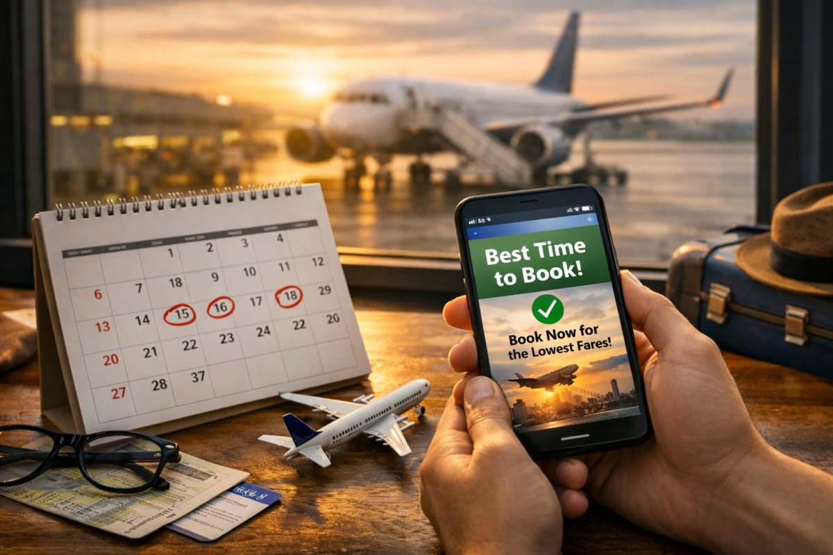 Traveler checking calendar and smartphone for best flight booking dates at airport desk. how to find cheap flights.