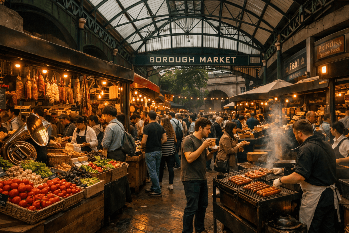 Bustling Borough Market in London with food stalls, fresh produce, and people enjoying street food under glass roof