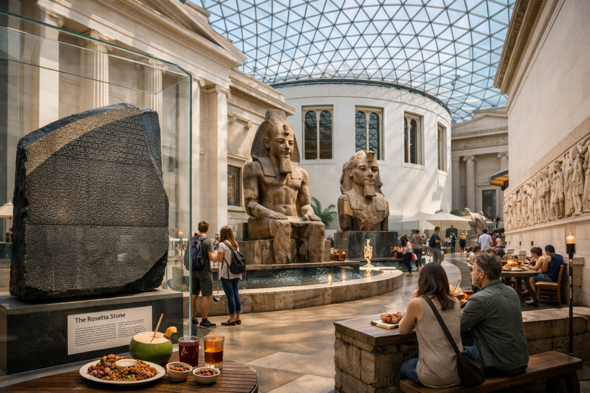 Interior of the British Museum with Rosetta Stone, Egyptian statues, and Parthenon frieze under daylight. how to travel london on a budget
