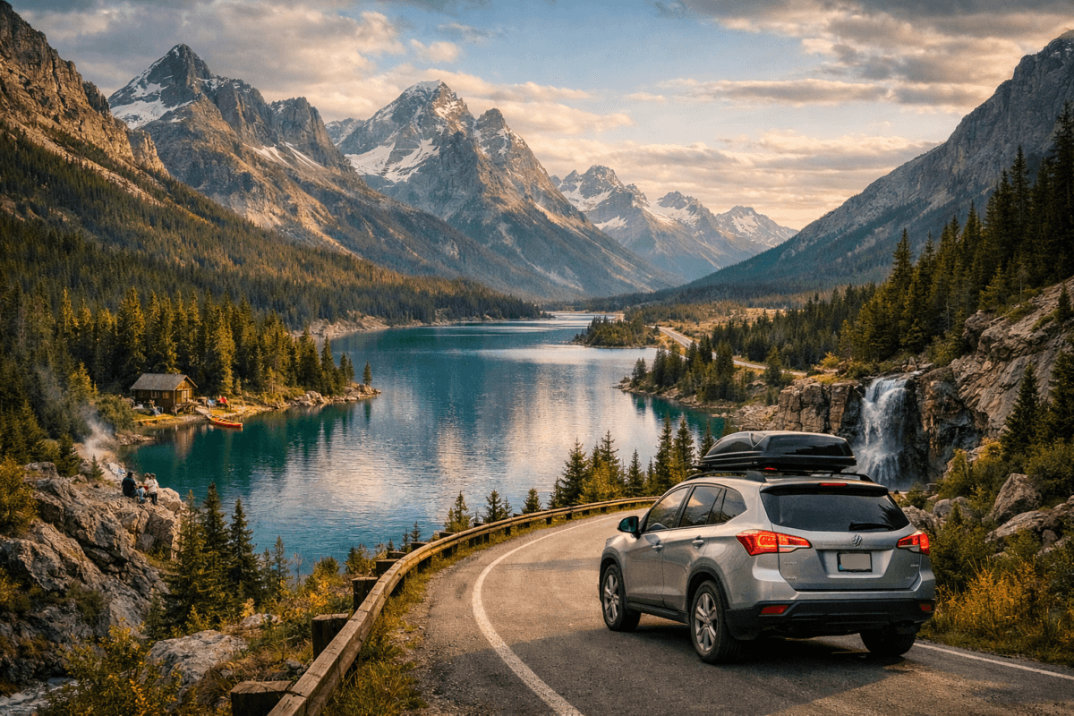 Car on a scenic Canadian mountain road beside a turquoise lake . Canada road trip on a budget