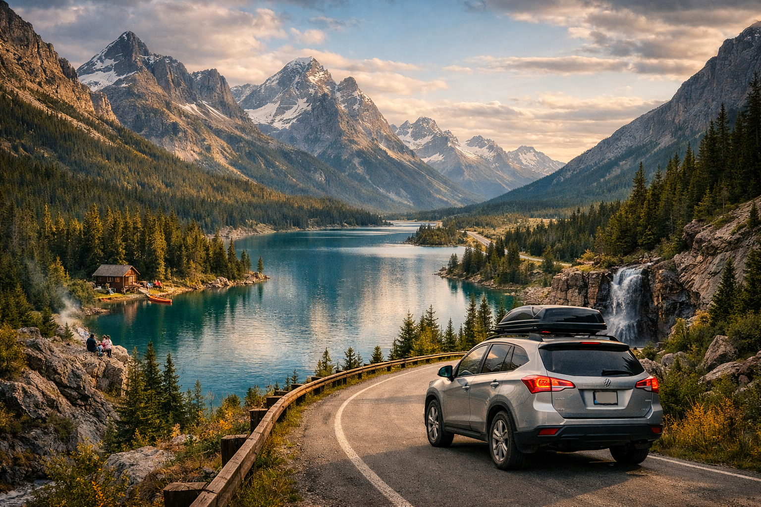Car on a scenic Canadian mountain road beside a turquoise lake . Canada road trip on a budget