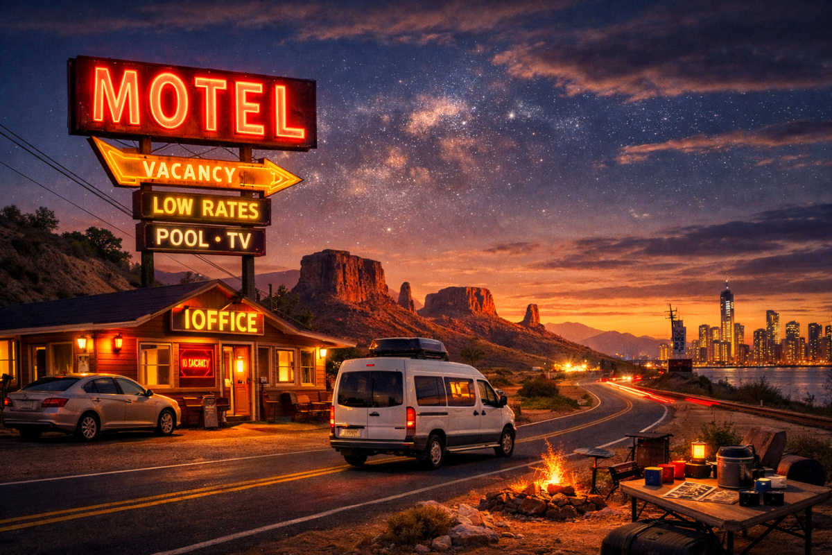 Neon‑lit roadside motel at dusk with cars parked outside. how to travel America cheaply