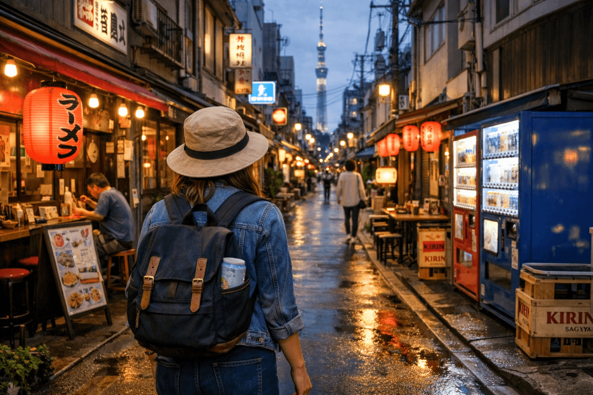 budget travel in Japan, Woman walking through Tokyo’s narrow street at twilight with glowing ramen lanterns, vending machines, and Tokyo Skytree in the distance.