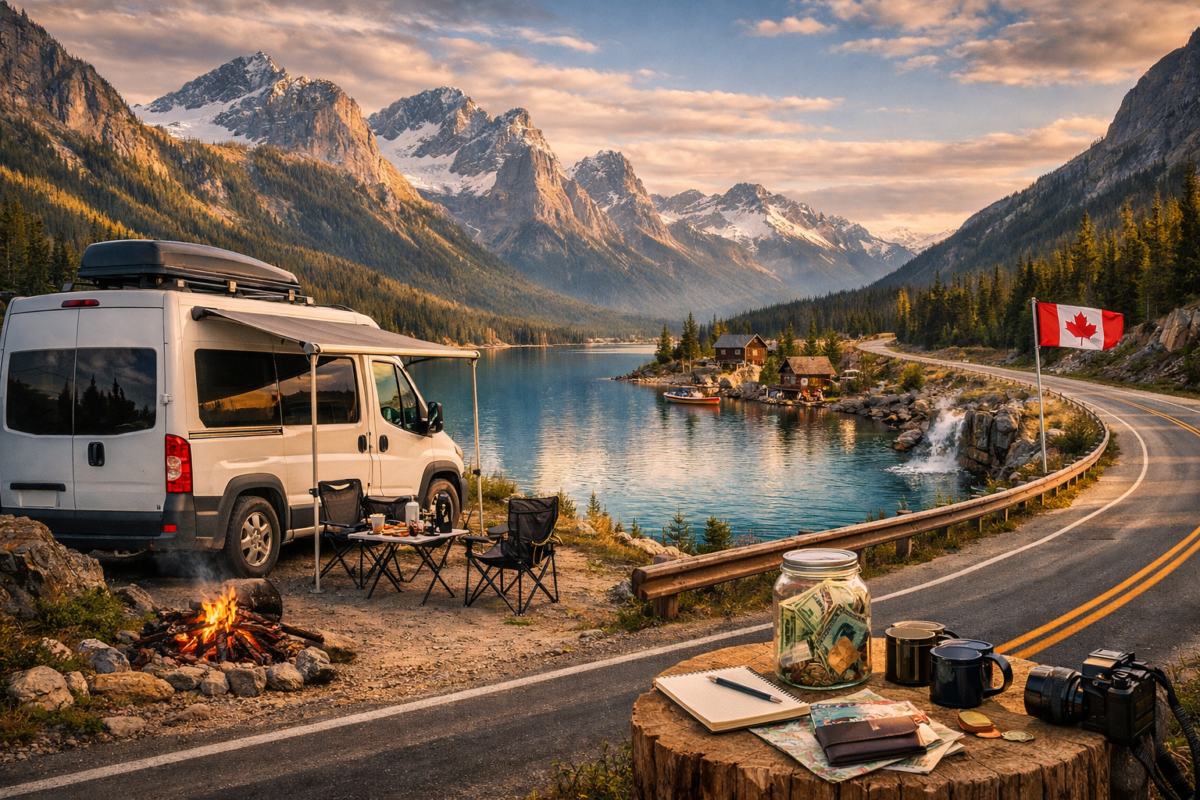 Camper van parked beside turquoise lake with mountains and campfire setup. cheap Canada travel.