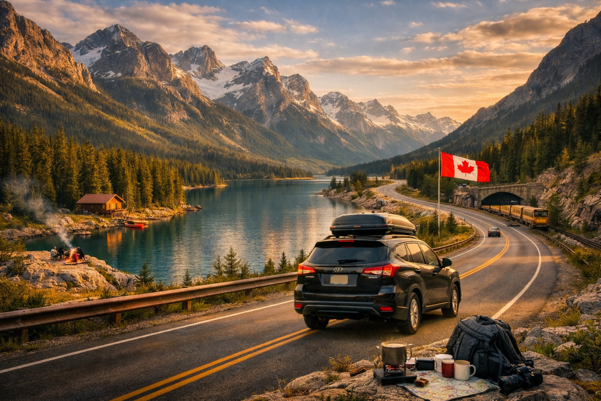 SUV driving along a mountain highway beside turquoise lake under golden light. how much does a Canada road trip cost