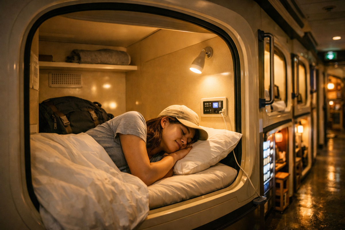 Traveler resting inside a modern capsule hotel pod with warm lighting and compact design. Japan on a budget.