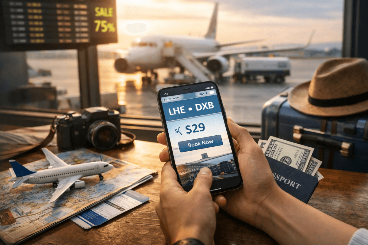 Traveler booking a $29 flight deal on smartphone at airport desk with passport, cash, and travel gear. Cheap Flight Hacks.