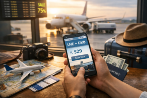 Traveler booking a $29 flight deal on smartphone at airport desk with passport, cash, and travel gear. Cheap Flight Hacks.