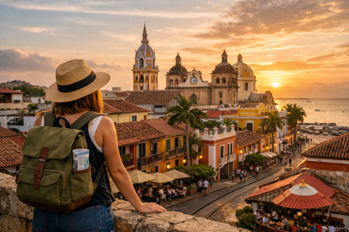 Woman with backpack overlooking Cartagena’s colorful colonial rooftops and cathedral domes under golden sunset light.