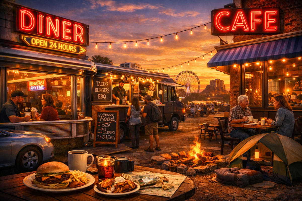 Cozy roadside diner, food truck, and local café serving hearty meals at sunset