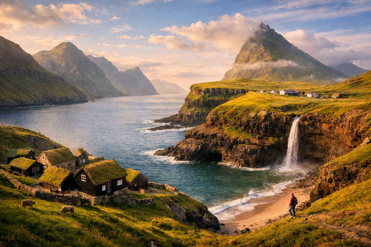 Scenic view of grass‑roofed village, waterfall, and sea stacks under golden sunlight in the Faroe Islands. undiscovered budget destinations.
