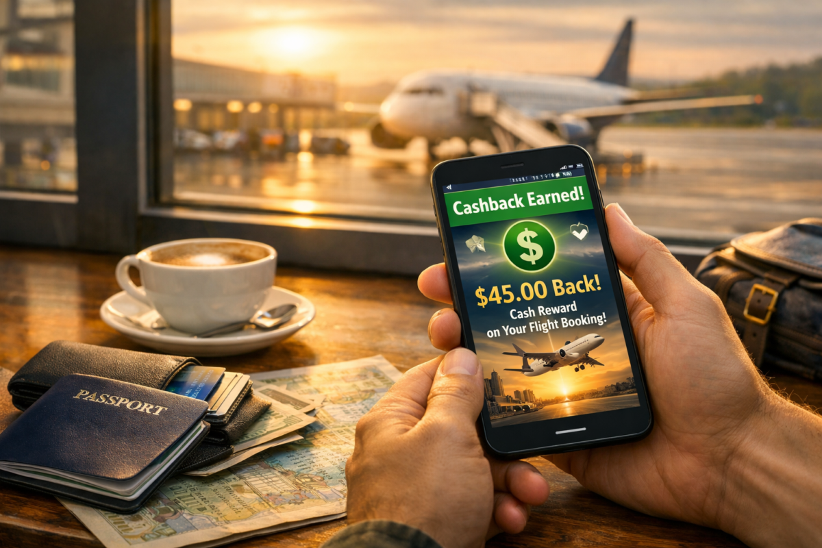 Traveler earning $45 cashback on flight booking through smartphone at airport café table with wallet, passport, and coffee. best way to book cheap flights.