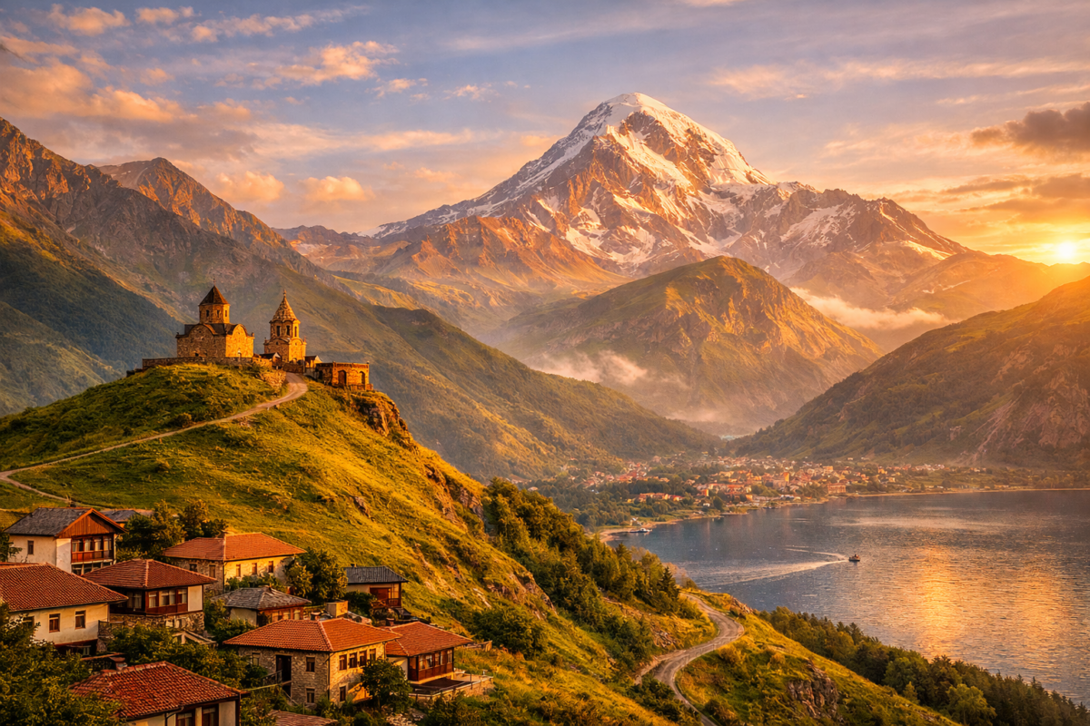 Gergeti Trinity Church perched on a hilltop with Mount Kazbek towering in the background at sunset. hidden travel gems.