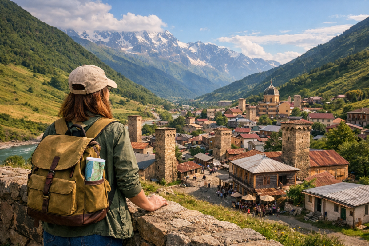 Woman with yellow backpack overlooking medieval Svaneti towers and green valley under clear sky.