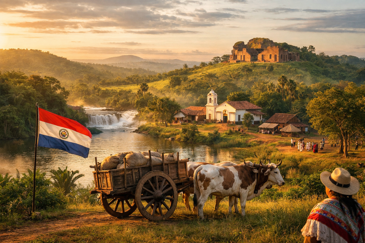 Scenic Paraguayan landscape with ox cart, river, and mission ruins. undiscovered budget destinations