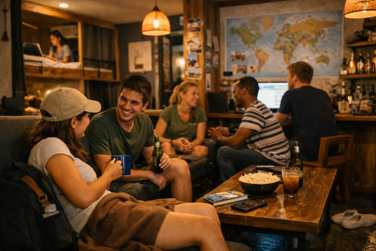 Travelers chatting in a cozy hostel lounge with warm lighting, wooden furniture, and a world map on the wall. affordable Japan travel tips.