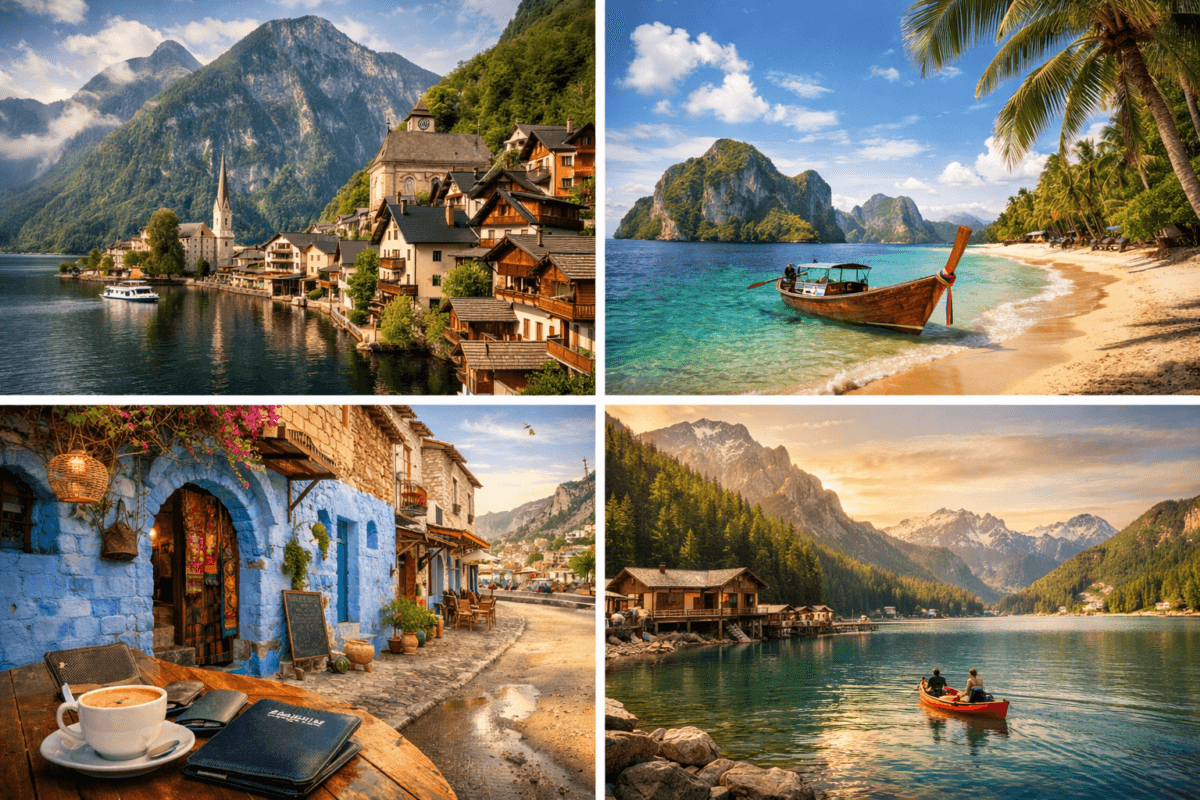 Collage of underrated travel destinations including alpine village, tropical beach, Moroccan street, and mountain lake. Hidden Budget Gems.