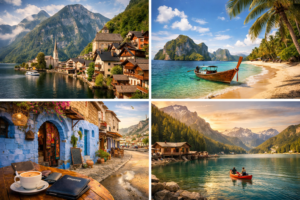Collage of underrated travel destinations including alpine village, tropical beach, Moroccan street, and mountain lake. Hidden Budget Gems.