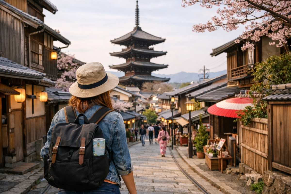 Woman walking through Kyoto’s traditional street toward Yasaka Pagoda surrounded by cherry blossoms and warm evening light.
