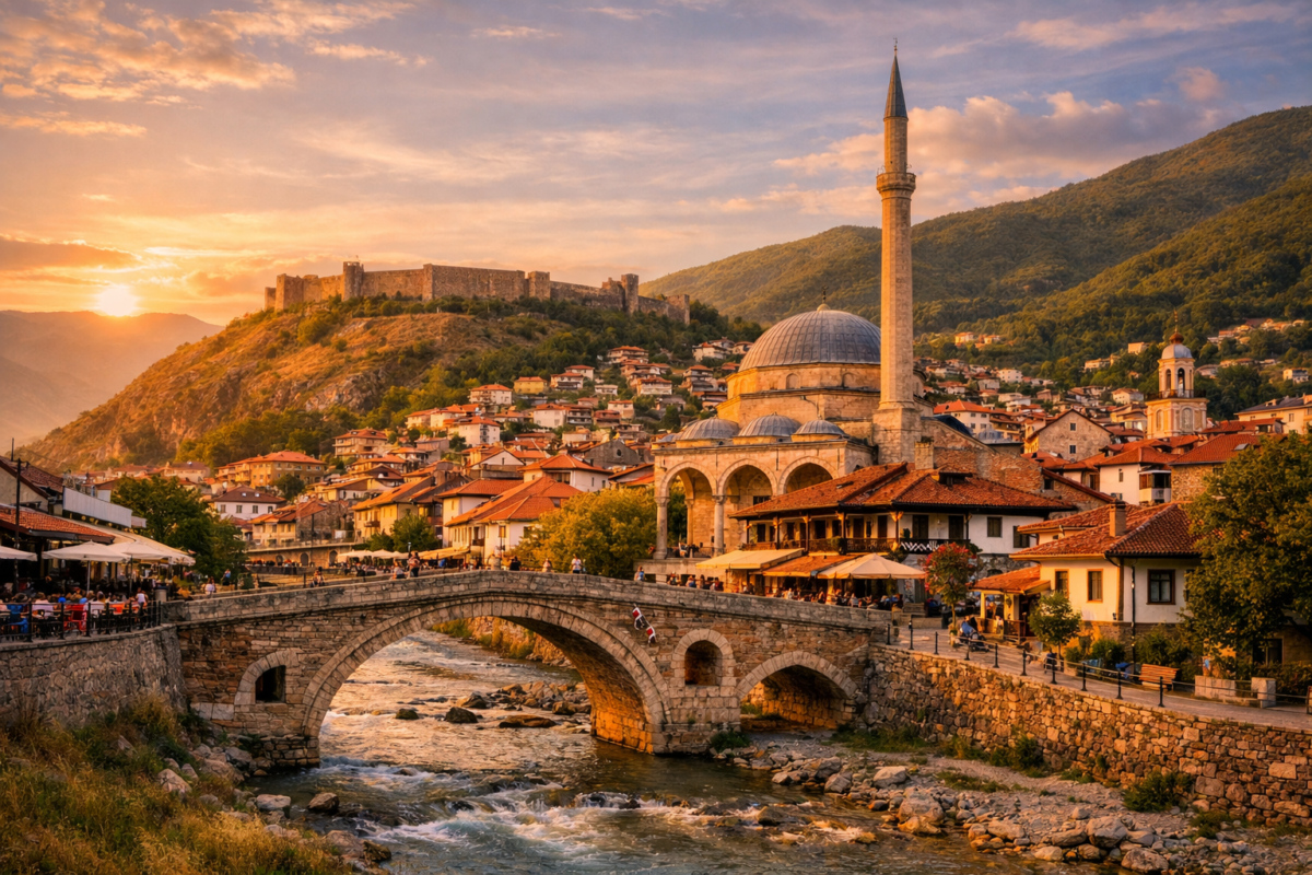 View of Prizren’s old town with stone bridge, mosque, and fortress surrounded by green hills at sunset. affordable undiscovered destinations.