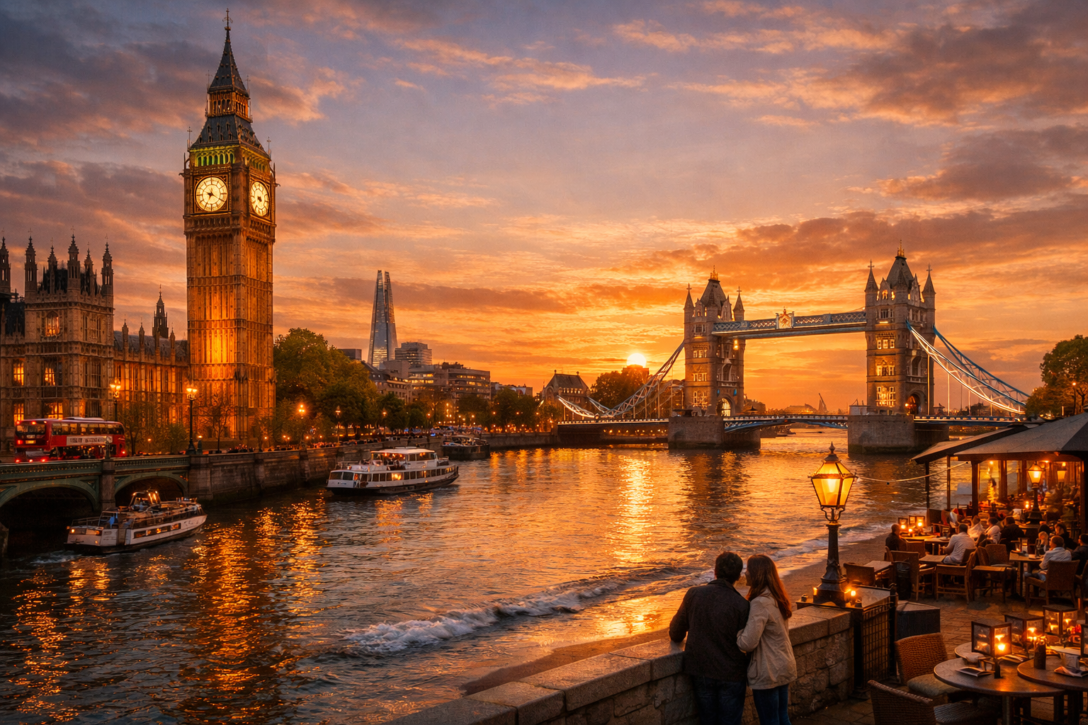 Sunset view of Big Ben, Tower Bridge, and the River Thames glowing under golden skies. London On a Budget.
