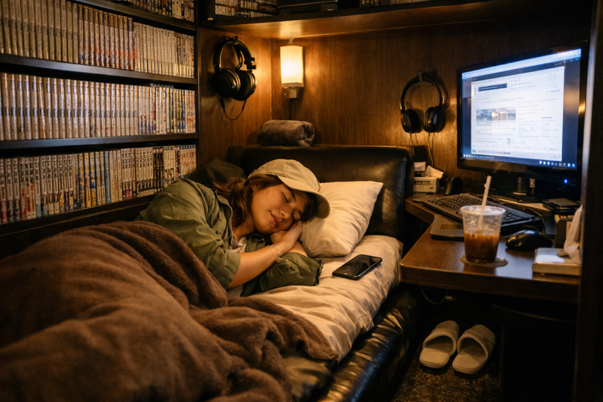 Woman resting in a private manga café booth with manga shelves, computer screen glow, and warm ambient light. how to travel Japan cheaply.