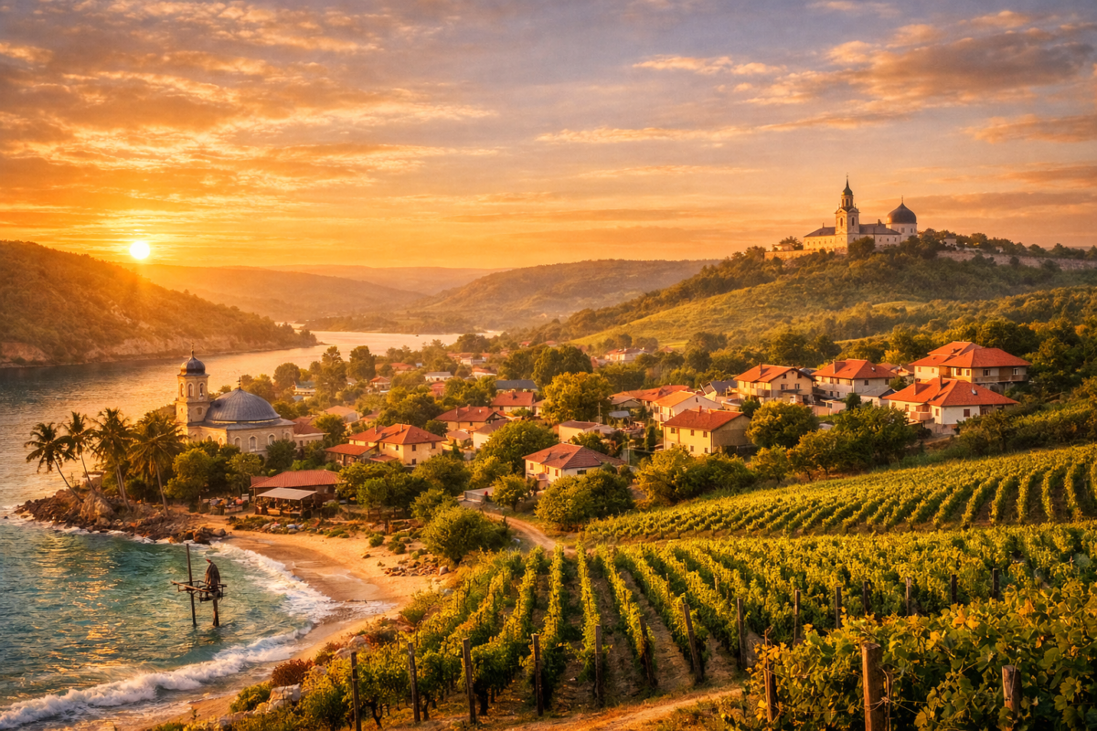 Rolling vineyards leading to a village and monastery under golden sunset sky.