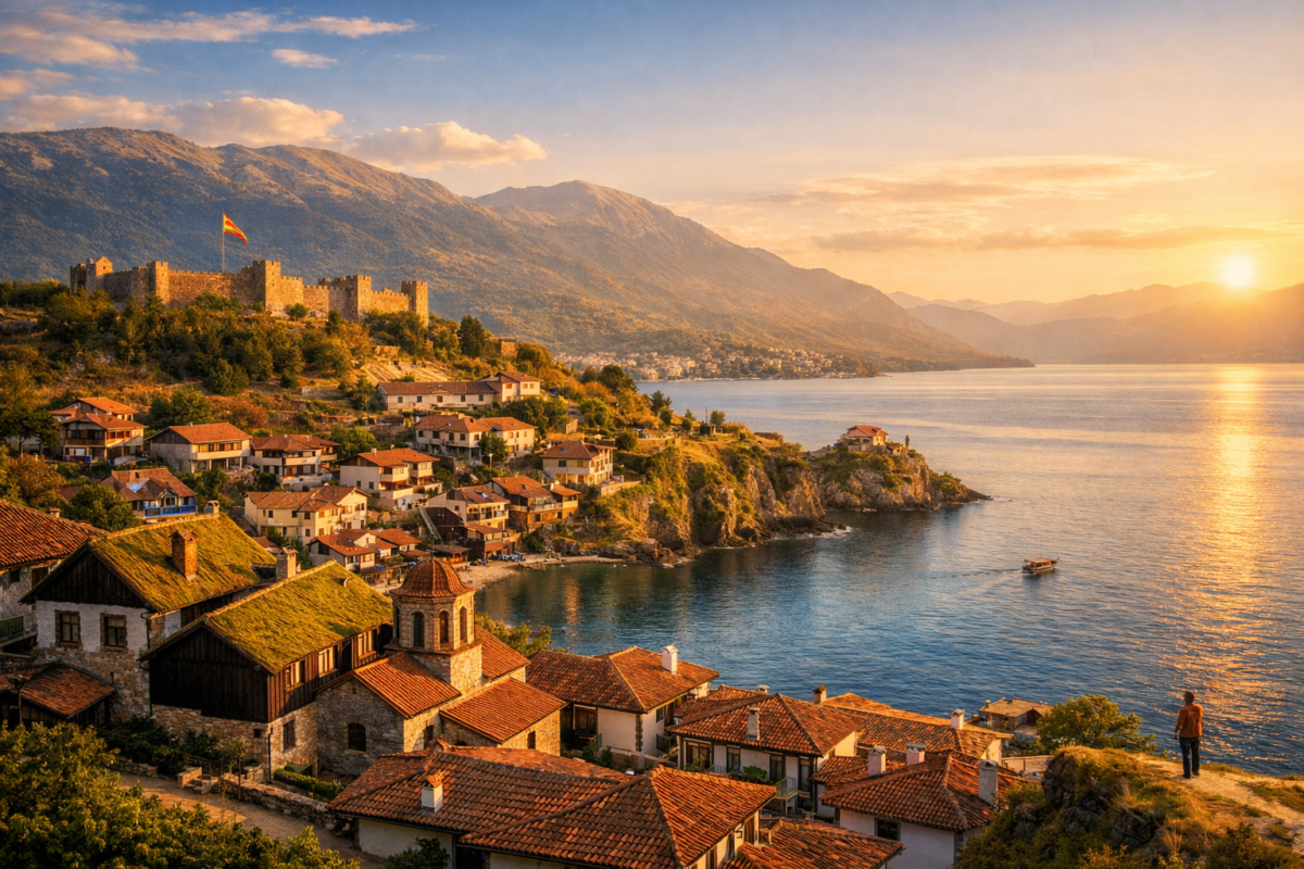 Panoramic view of Ohrid’s lakeside town with fortress, church, and mountains glowing in sunset light. off the beaten path travel.