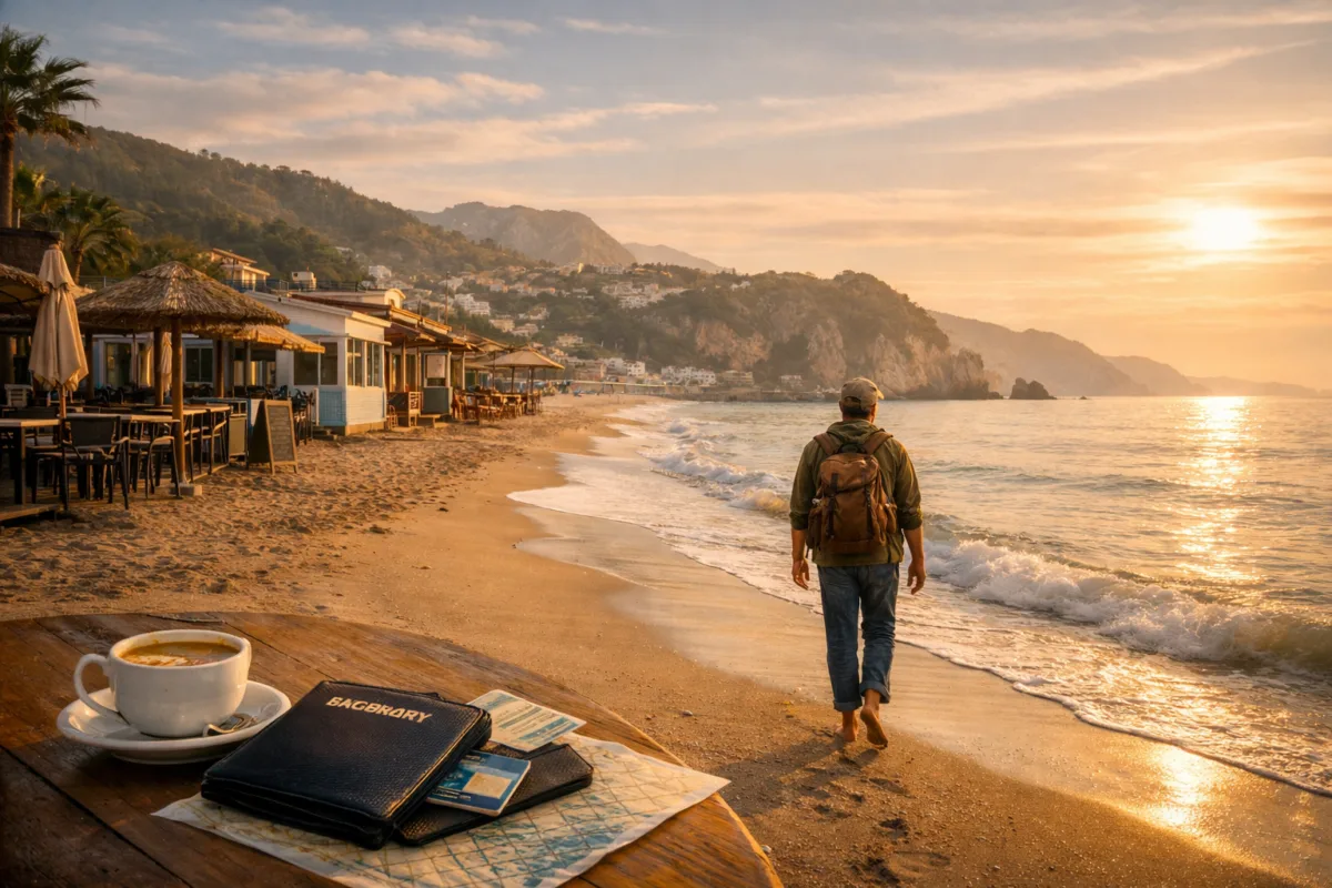 Traveler walking along a quiet beach in golden evening light with closed seaside cafés and distant coastal village.