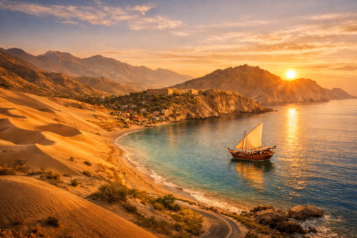 Golden dunes merging into turquoise bay with traditional dhow sailing under sunset light. undiscovered budget destinations.