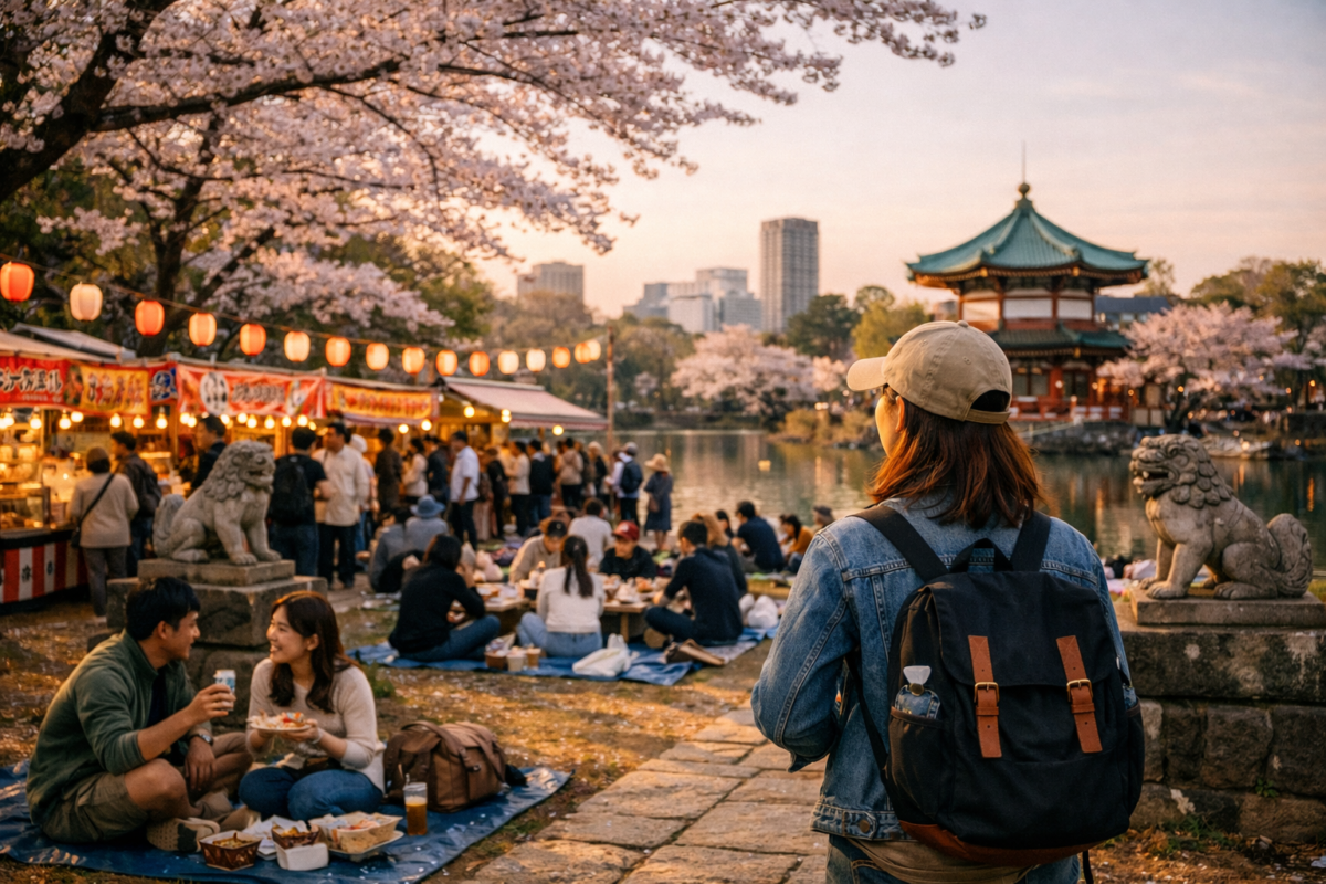 People enjoying cherry blossom season in a Japanese park with picnic blankets, food stalls, and lanterns glowing at dusk.
