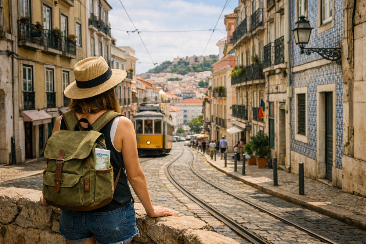 Woman walking down Lisbon’s cobblestone street with pastel buildings, tram lines, and castle view under soft daylight.