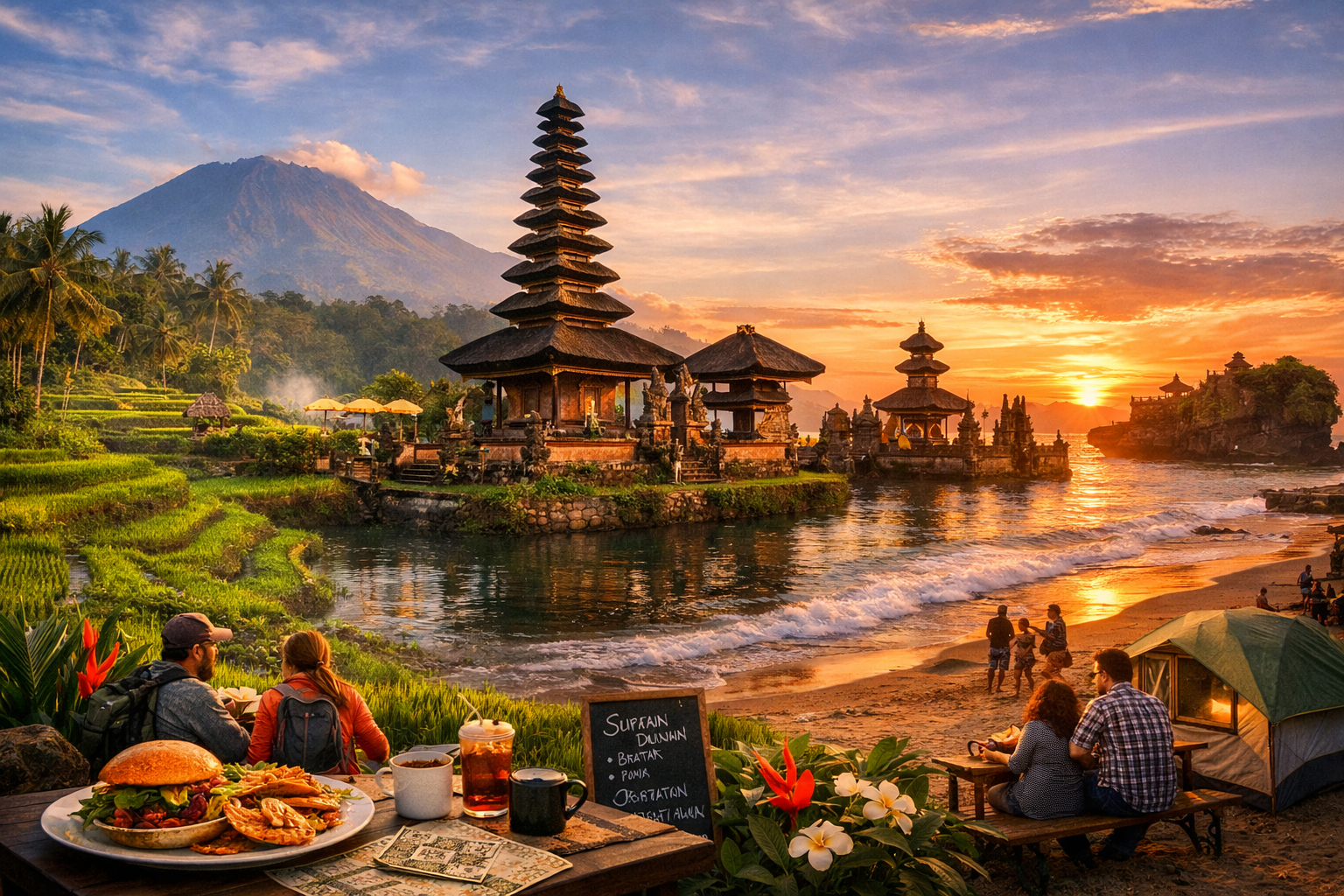 Balinese landscape with rice terraces, temples, and sunset beach. Bali