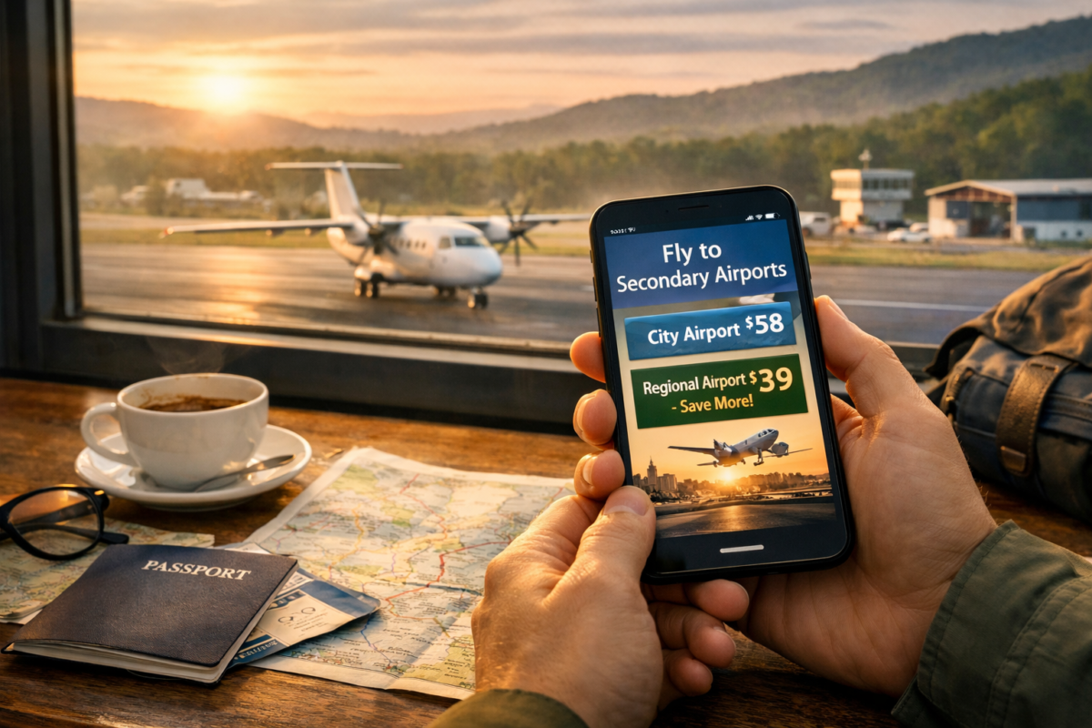 Traveler comparing flight prices to secondary airports on smartphone beside a window overlooking a small runway. find affordable flights.
