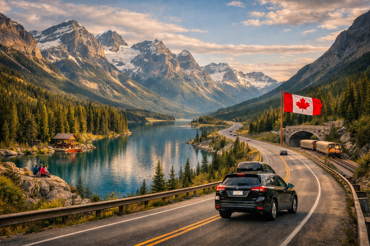 SUV driving along a mountain highway beside turquoise lake in the Canadian Rockies. Canada road trip on a budget