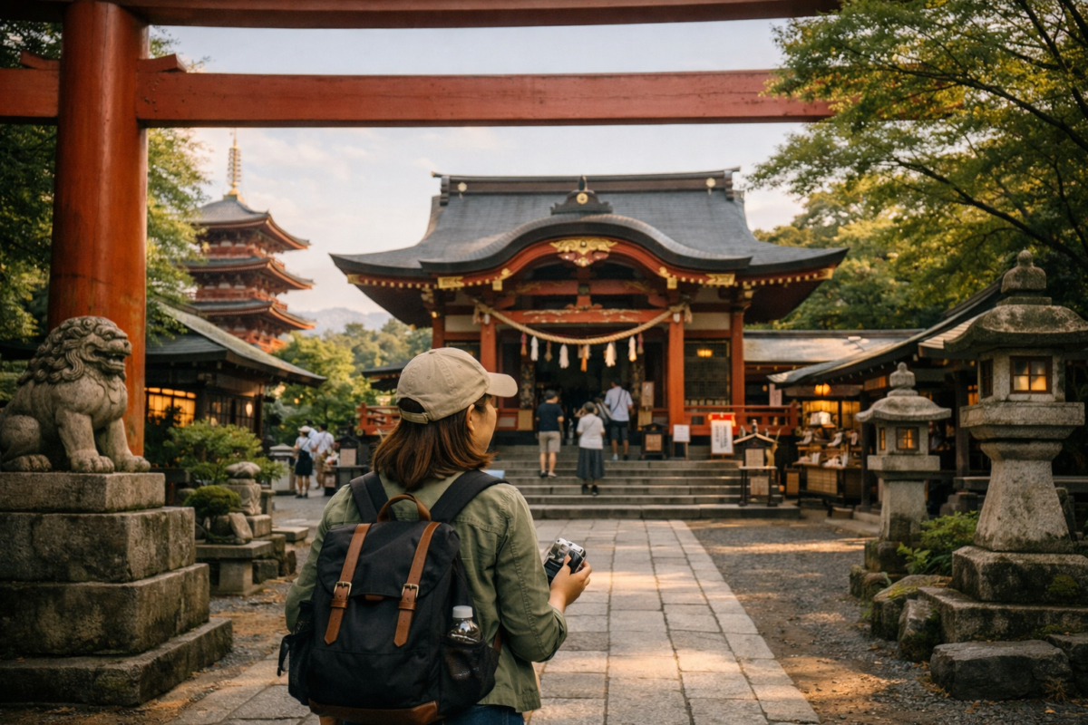 Woman walking through a vermilion torii gate toward a Japanese shrine surrounded by stone lanterns and lush greenery.