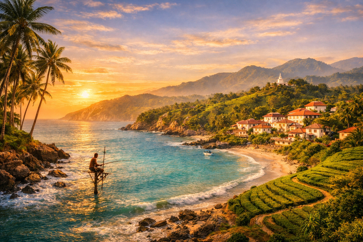Palm‑lined beach with stilt fisherman and lush tea hills glowing under golden sunset.