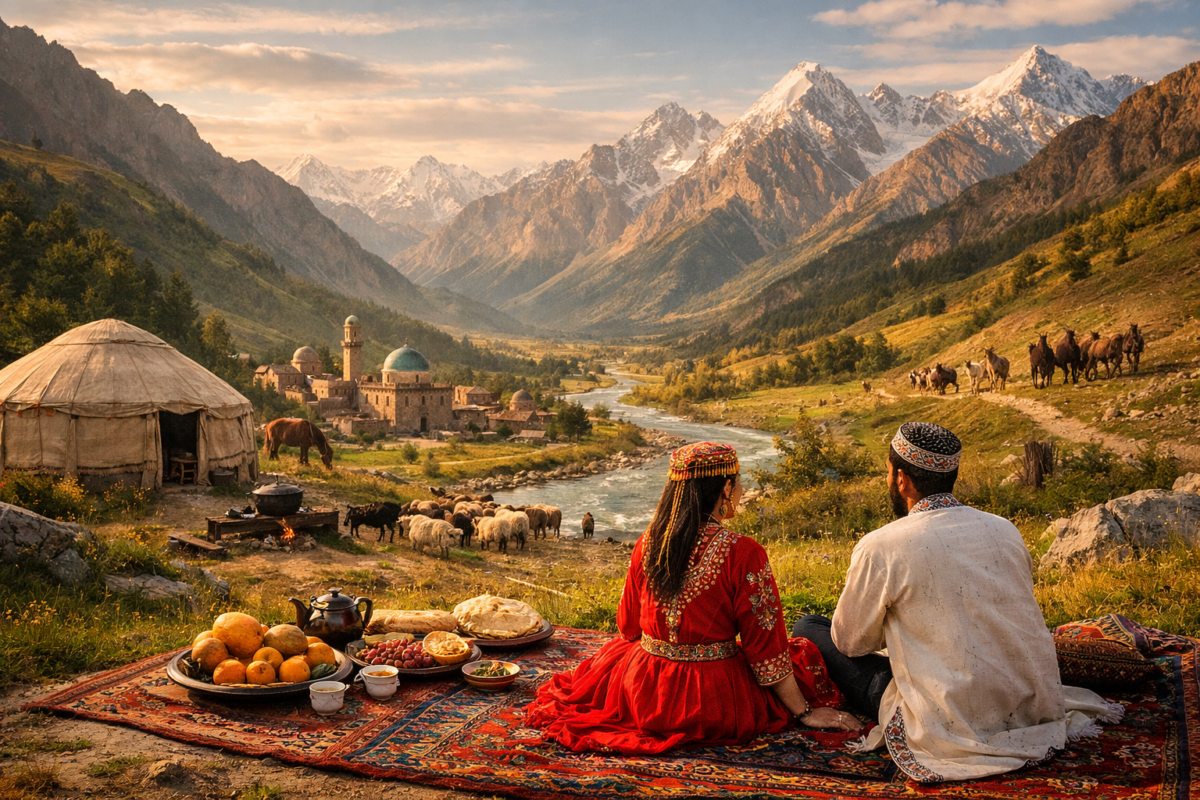 Tajik couple enjoying tea in a mountain valley with mosque and snow peaks. affordable undiscovered destinations.