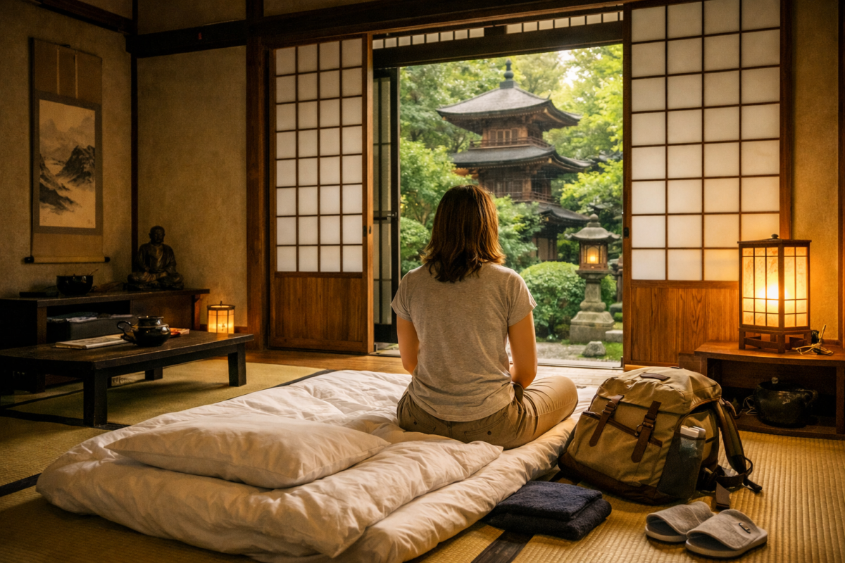 Woman sitting on tatami floor inside a Japanese temple room, gazing through open shoji doors toward a tranquil garden and pagoda. Japan budget guide.