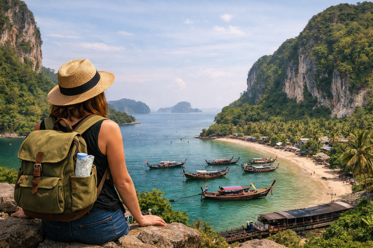 Woman with backpack overlooking turquoise Thai bay with longtail boats and limestone cliffs under clear sky. budget solo travel guide.