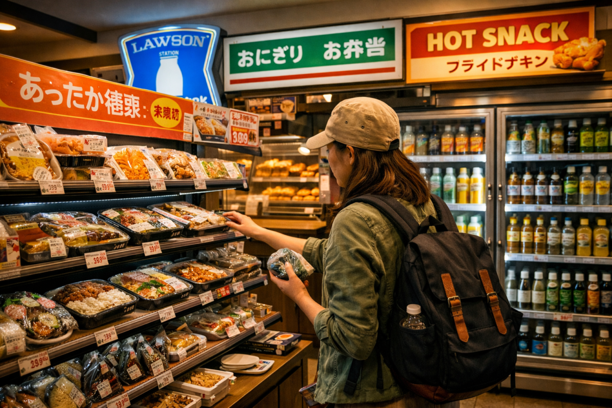 Woman browsing bento boxes and onigiri inside a Japanese convenience store at night, with Lawson signage glowing above.