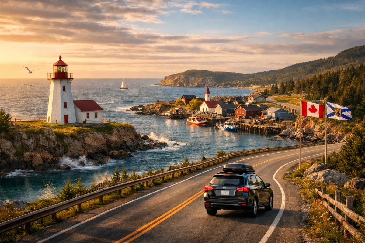 Coastal road with lighthouse, fishing village, and SUV near Halifax. budget Canada road trip.