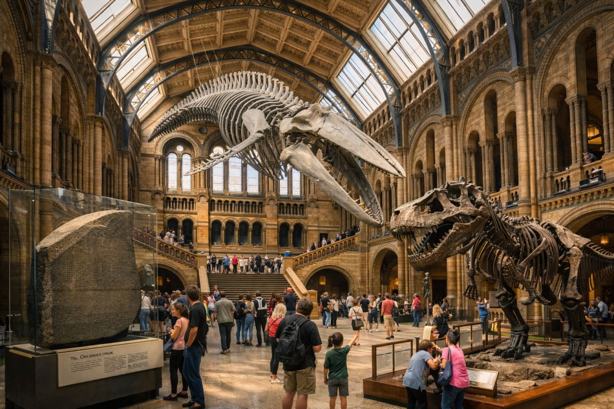 Horizontal view of London’s Natural History Museum with blue whale and T. rex skeleton under daylight. free things to do in London